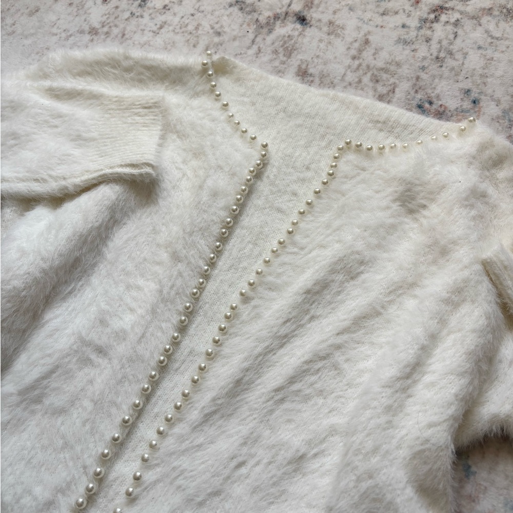 Fuzzy White Sweater with Pearl Accents